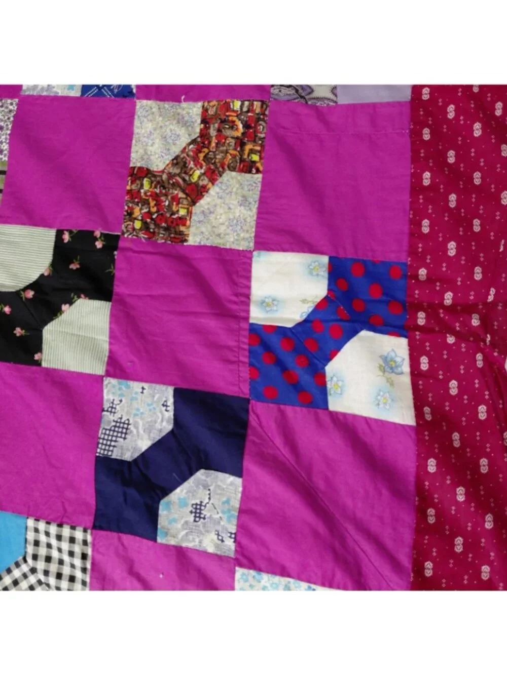 Handmade Patchwork Bow Tie Quilt Top ONLY 54x89 Pink Red Scrappy Multicolor